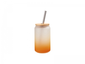 13oz/400ml Sublimation Blanks Glass Can Tumbler with Bamboo Lid Gradient Orange