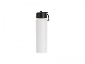 Sublimation Blanks 22oz/650ml Powder Coated SS Flask w/ Wide Mouth Straw Lid &amp; Rotating Handle (White, Matt Sub Coating)
